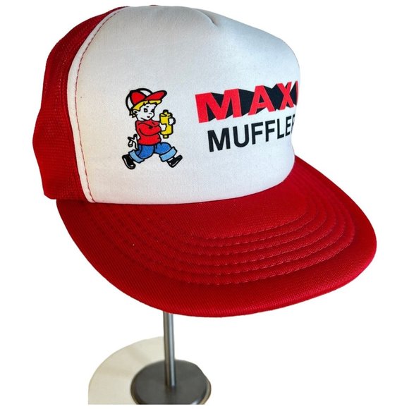 Vintage Maxi Muffler Truck Hat Logo Snapback Foam Front Mesh Back Red White - Picture 1 of 12